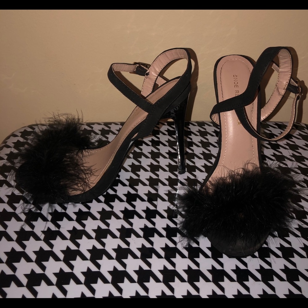 Black faux fur stiletto heels
